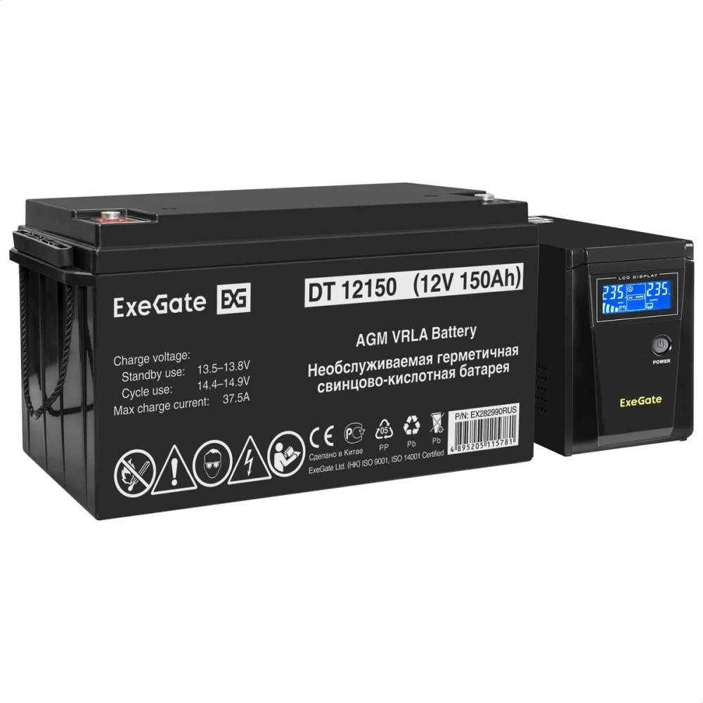 Комплект ИБП EX295986RUS + батарея 150Aч EX282990RUS 1шт (инвертор, синус, для котла) ExeGate SineTower SZ-600.LCD.AVR.1SH <600VA/360W, чистый синусоида, LCD дисплей, AVR, 1*Schuko, линейно-интеракт