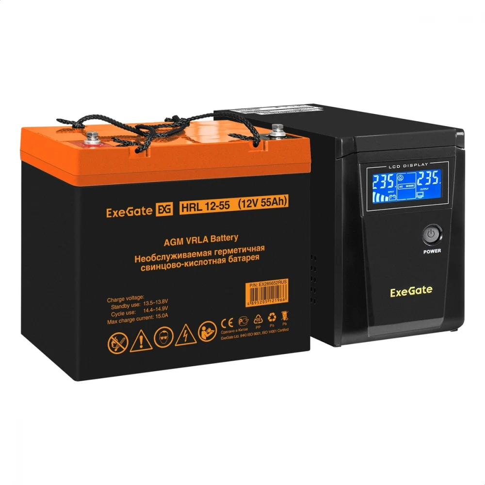 Комплект ИБП EX295986RUS + батарея 55Aч EX285652RUS 1шт (инвертор, синус, для котла) ExeGate SineTower SZ-600.LCD.AVR.1SH <600VA/360W, чистый синусоида, LCD дисплей, AVR, 1*Schuko, линейно-интеракти