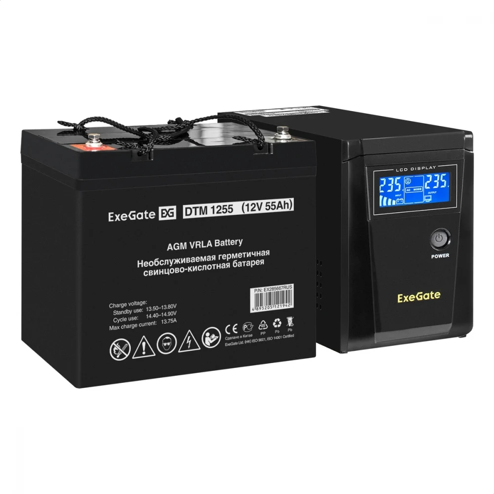 Комплект ИБП EX295986RUS + батарея 55Aч EX285667RUS 1шт (инвертор, синус, для котла) ExeGate SineTower SZ-600.LCD.AVR.1SH <600VA/360W, чистый синусоида, LCD дисплей, AVR, 1*Schuko, линейно-интеракти