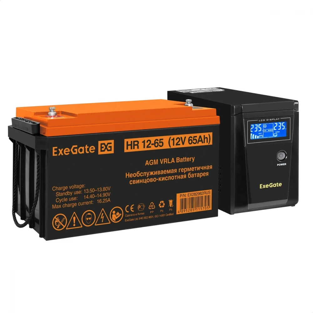 Комплект ИБП EX295986RUS + батарея 65Aч EX282982RUS 1шт (инвертор, синус, для котла) ExeGate SineTower SZ-600.LCD.AVR.1SH <600VA/360W, чистый синусоида, LCD дисплей, AVR, 1*Schuko, линейно-интеракти