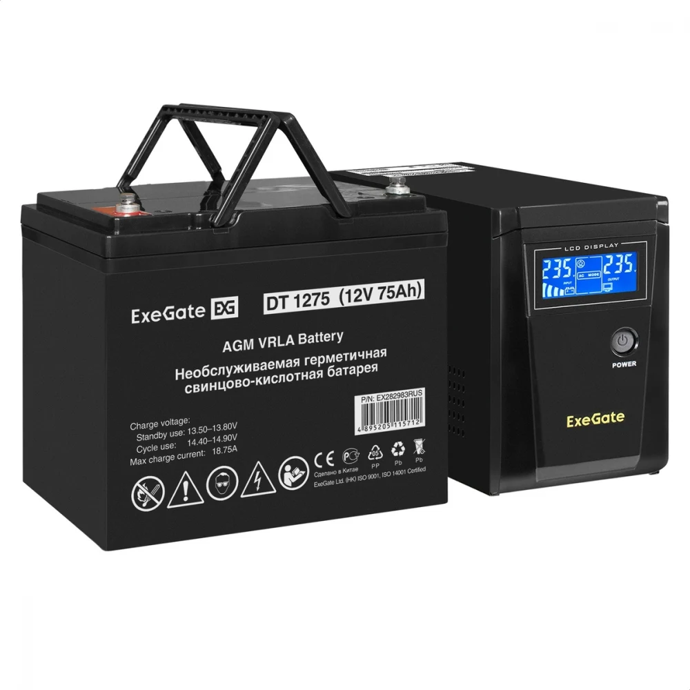 Комплект ИБП EX295986RUS + батарея 75Aч EX282983RUS 1шт (инвертор, синус, для котла) ExeGate SineTower SZ-600.LCD.AVR.1SH <600VA/360W, чистый синусоида, LCD дисплей, AVR, 1*Schuko, линейно-интеракти