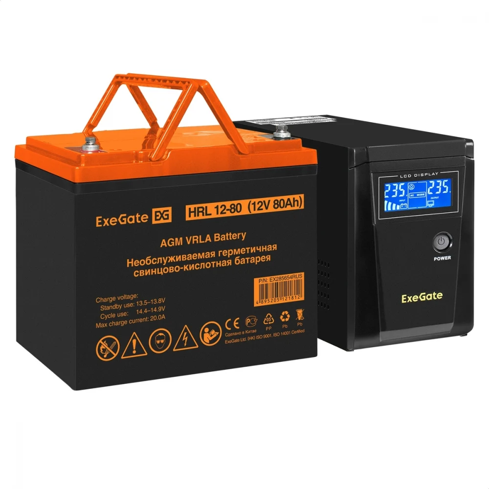 Комплект ИБП EX295986RUS + батарея 80Aч EX285654RUS 1шт (инвертор, синус, для котла) ExeGate SineTower SZ-600.LCD.AVR.1SH <600VA/360W, чистый синусоида, LCD дисплей, AVR, 1*Schuko, линейно-интеракти