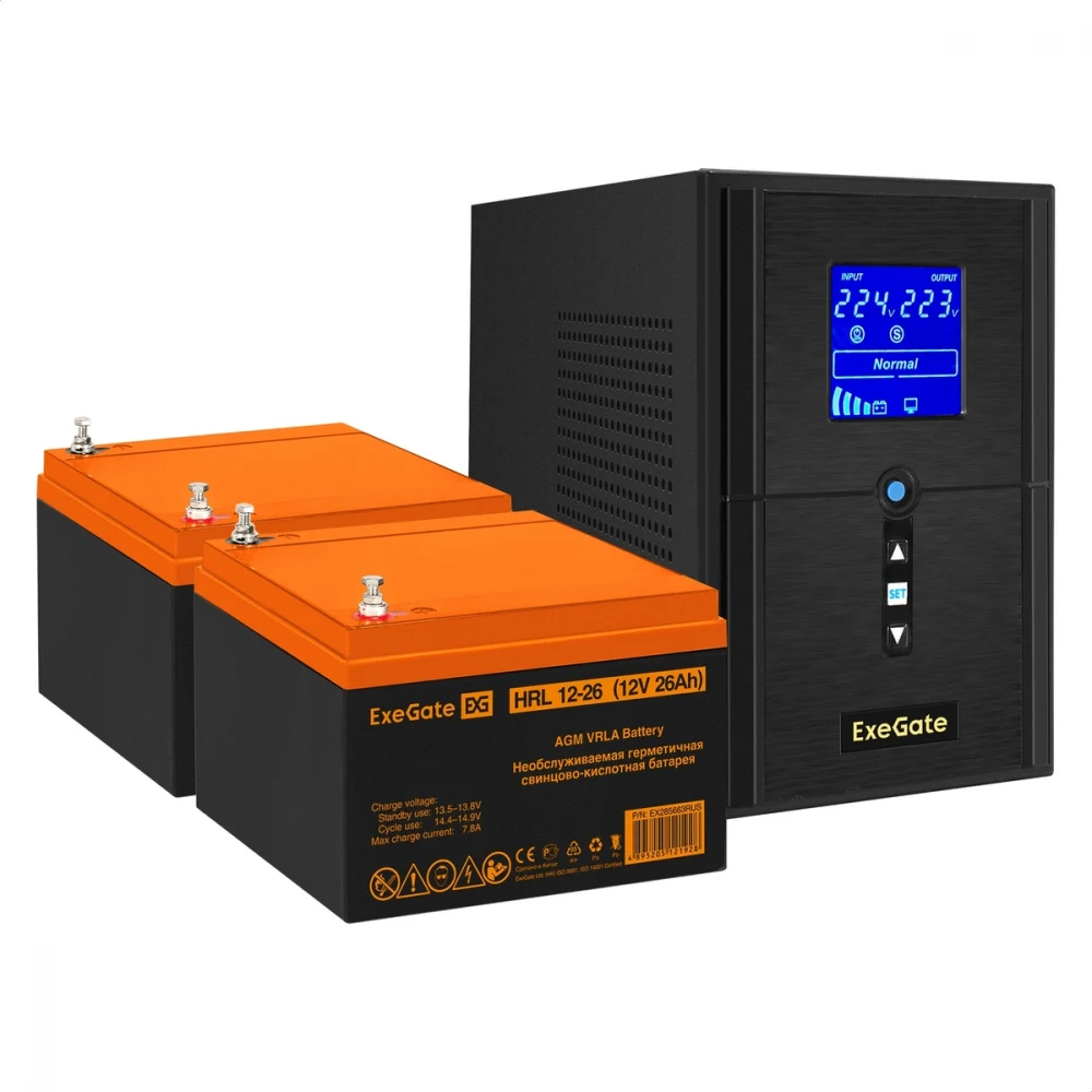 Комплект ИБП EX295987RUS + батарея 26Aч EX285663RUS 2шт (инвертор, синус, для котла) ExeGate SineTower SZ-1000.LCD.AVR.2SH.1C13.USB <1000VA/800W, чистый синусоида, LCD дисплей, AVR, 2*Schuko+1*C13,