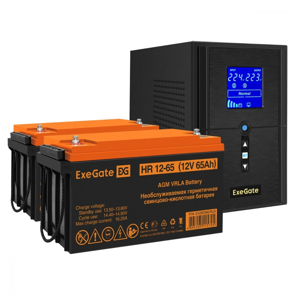 Комплект ИБП EX295987RUS + батарея 65Aч EX282982RUS 2шт (инвертор, синус, для котла) ExeGate SineTower SZ-1000.LCD.AVR.2SH.1C13.USB <1000VA/800W, чистый синусоида, LCD дисплей, AVR, 2*Schuko+1*C13,