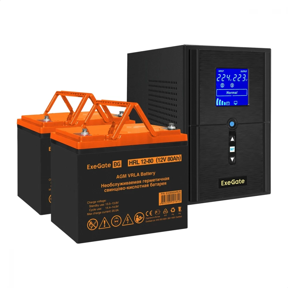 Комплект ИБП EX295987RUS + батарея 80Aч EX285654RUS 2шт (инвертор, синус, для котла) ExeGate SineTower SZ-1000.LCD.AVR.2SH.1C13.USB <1000VA/800W, чистый синусоида, LCD дисплей, AVR, 2*Schuko+1*C13,