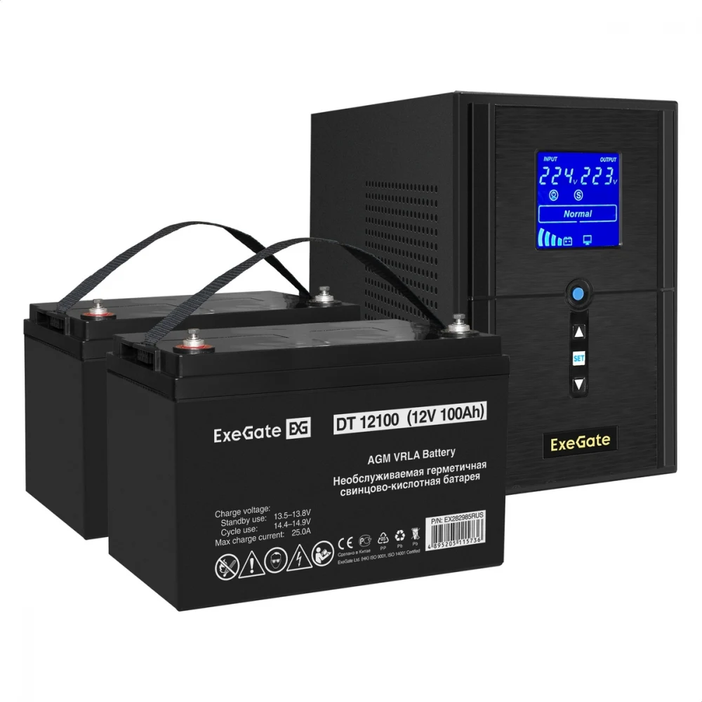 Комплект ИБП EX295988RUS + батарея 100Aч EX282985RUS 2шт (инвертор, синус, для котла) ExeGate SineTower SZ-1500.LCD.AVR.2SH.1C13.USB <1500VA/1200W, чистый синусоида, LCD дисплей, AVR, 2*Schuko+1*C13