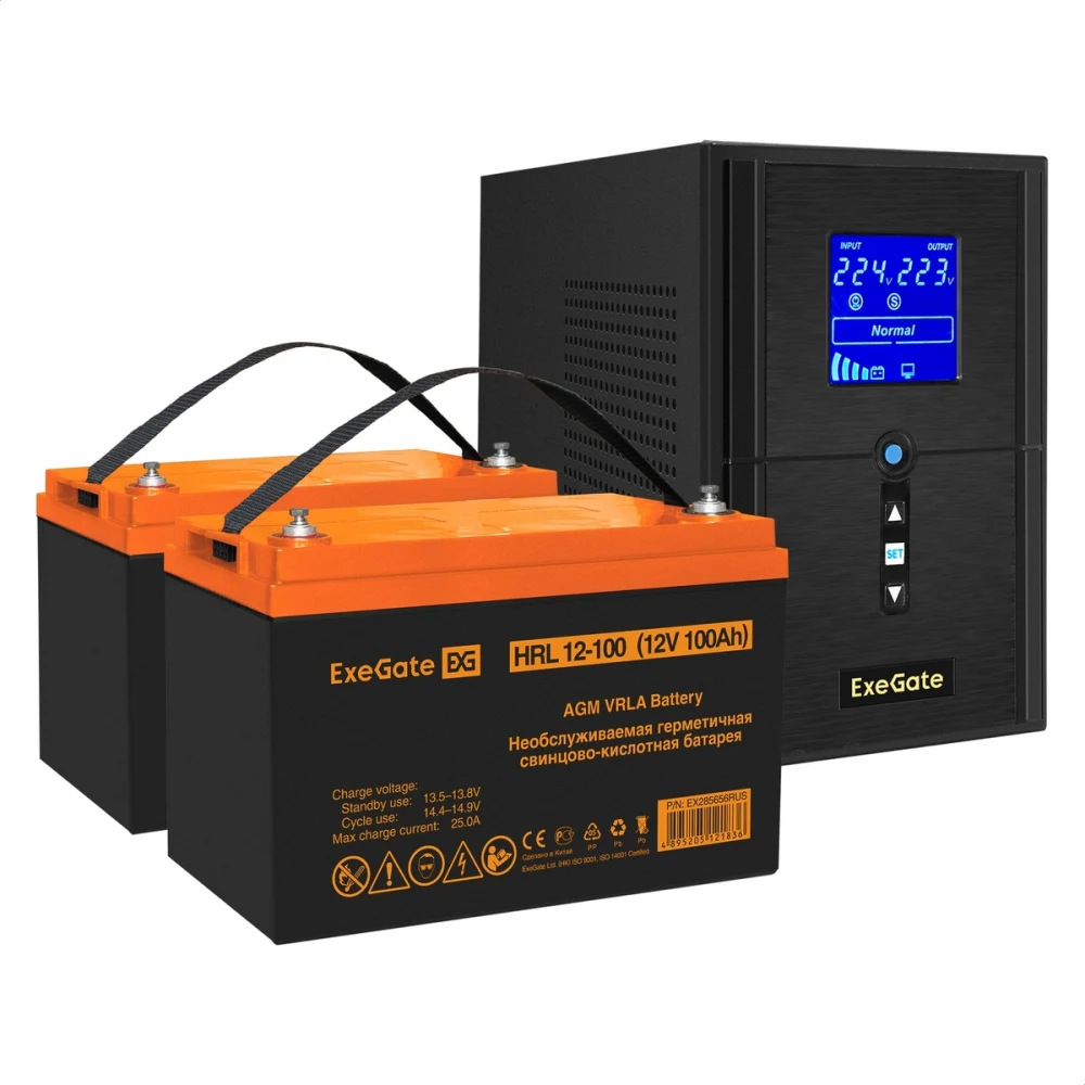 Комплект ИБП EX295988RUS + батарея 100Aч EX285656RUS 2шт (инвертор, синус, для котла) ExeGate SineTower SZ-1500.LCD.AVR.2SH.1C13.USB <1500VA/1200W, чистый синусоида, LCD дисплей, AVR, 2*Schuko+1*C13