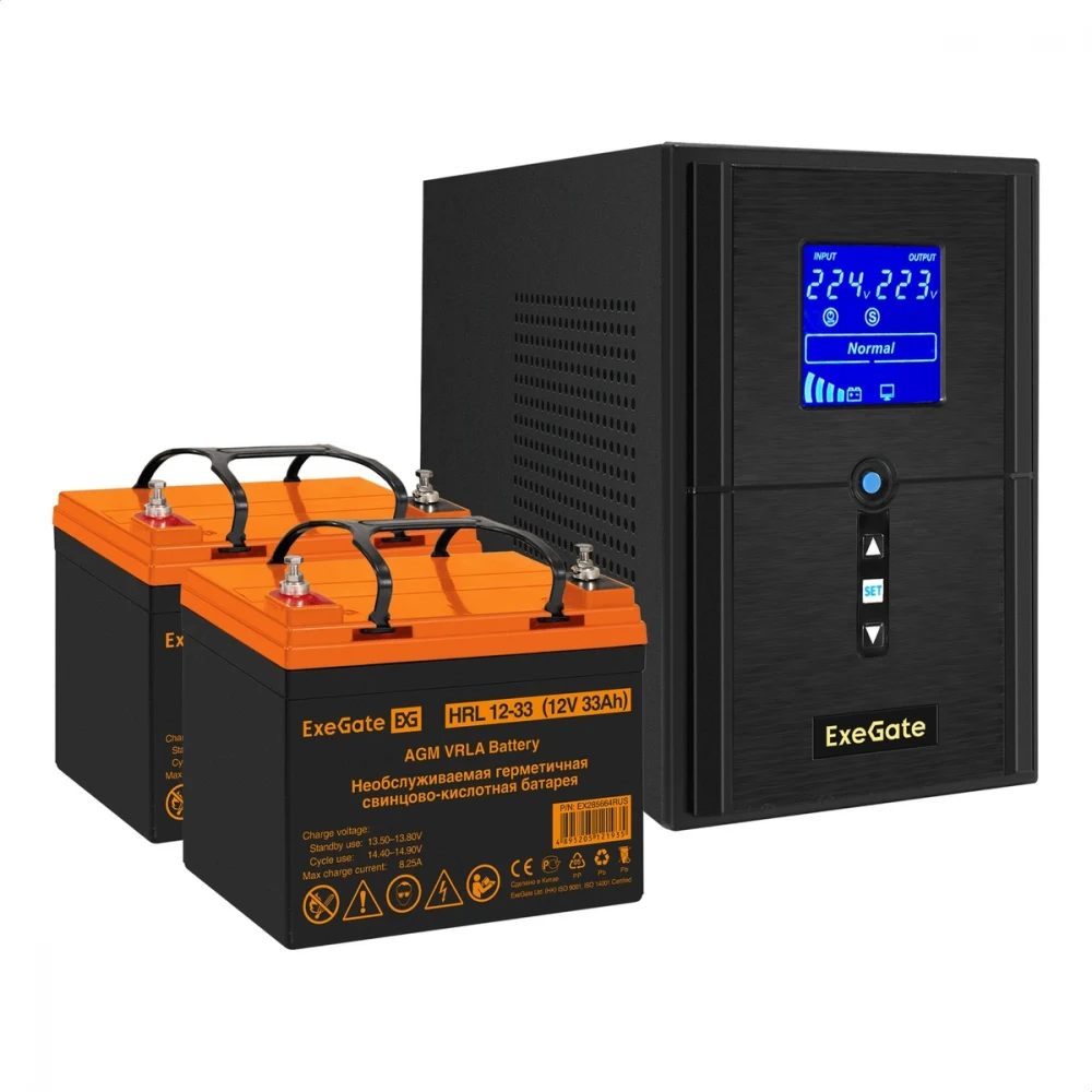 Комплект ИБП EX295988RUS + батарея 33Aч EX285664RUS 2шт (инвертор, синус, для котла) ExeGate SineTower SZ-1500.LCD.AVR.2SH.1C13.USB <1500VA/1200W, чистый синусоида, LCD дисплей, AVR, 2*Schuko+1*C13,