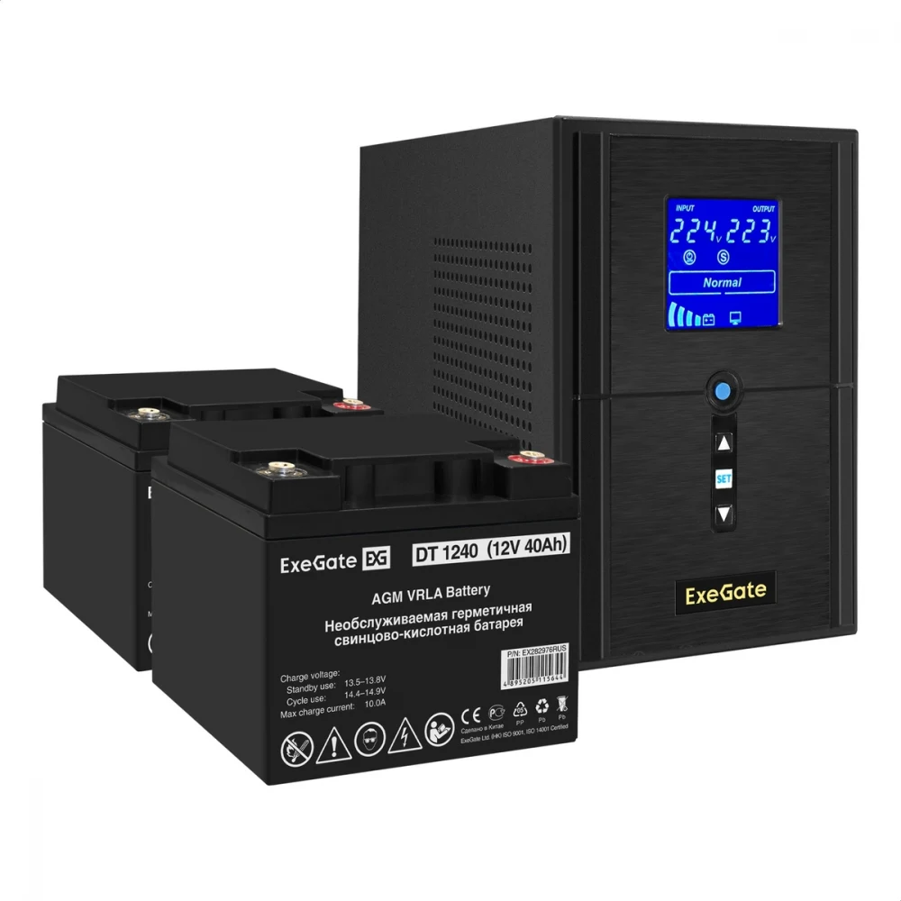 Комплект ИБП EX295988RUS + батарея 40Aч EX282976RUS 2шт (инвертор, синус, для котла) ExeGate SineTower SZ-1500.LCD.AVR.2SH.1C13.USB <1500VA/1200W, чистый синусоида, LCD дисплей, AVR, 2*Schuko+1*C13,