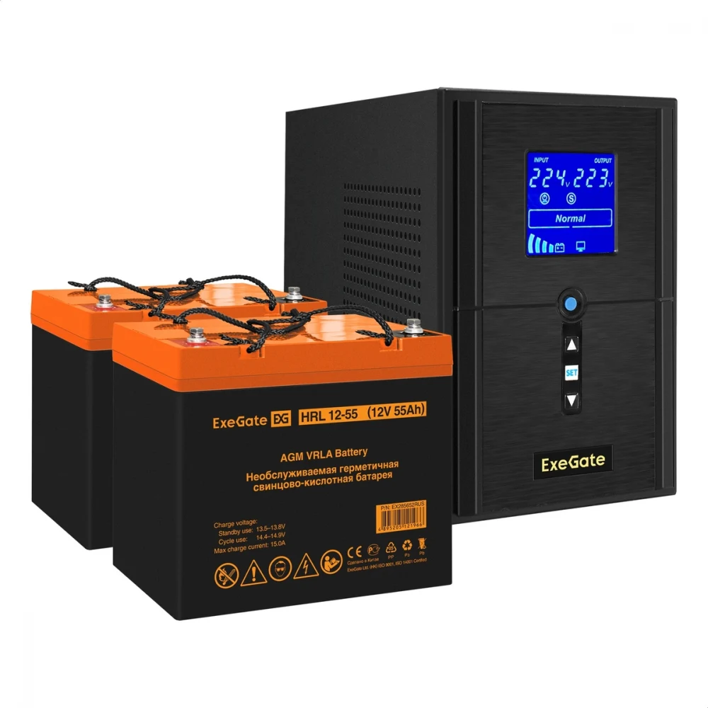Комплект ИБП EX295988RUS + батарея 55Aч EX285652RUS 2шт (инвертор, синус, для котла) ExeGate SineTower SZ-1500.LCD.AVR.2SH.1C13.USB <1500VA/1200W, чистый синусоида, LCD дисплей, AVR, 2*Schuko+1*C13,