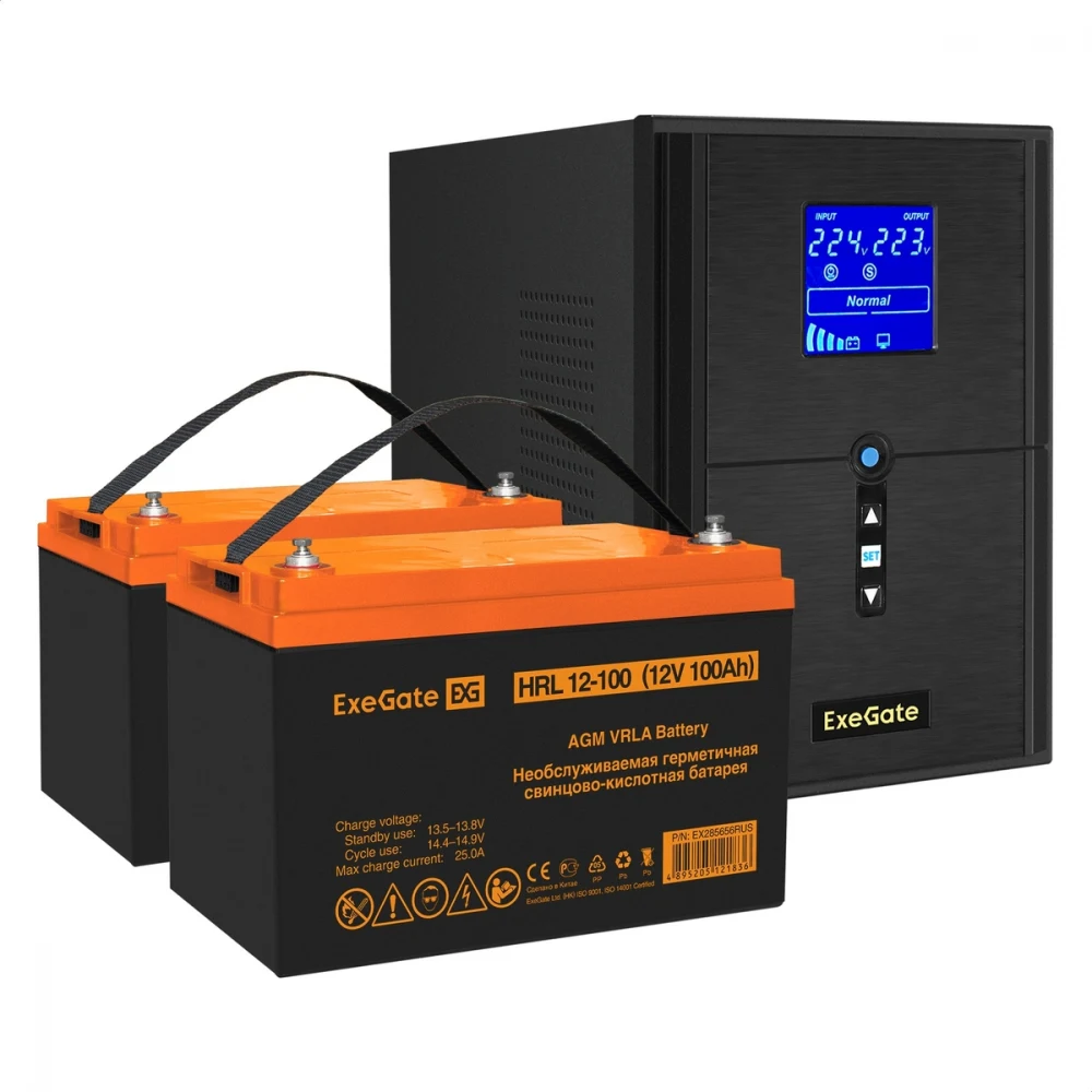 Комплект ИБП EX295989RUS + батарея 100Aч EX285656RUS 2шт (инвертор, синус, для котла) ExeGate SineTower SZ-2000.LCD.AVR.3SH.1C13.USB <2000VA/1600W, чистый синусоида, LCD дисплей, AVR, 3*Schuko+1*C13