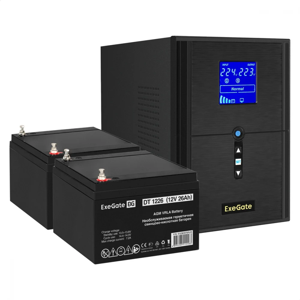 Комплект ИБП EX295989RUS + батарея 26Aч EX282970RUS 2шт (инвертор, синус, для котла) ExeGate SineTower SZ-2000.LCD.AVR.3SH.1C13.USB <2000VA/1600W, чистый синусоида, LCD дисплей, AVR, 3*Schuko+1*C13,