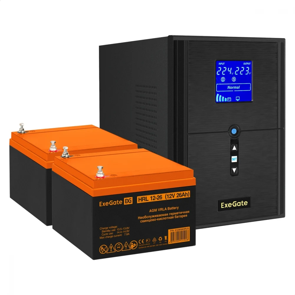 Комплект ИБП EX295989RUS + батарея 26Aч EX285663RUS 2шт (инвертор, синус, для котла) ExeGate SineTower SZ-2000.LCD.AVR.3SH.1C13.USB <2000VA/1600W, чистый синусоида, LCD дисплей, AVR, 3*Schuko+1*C13,