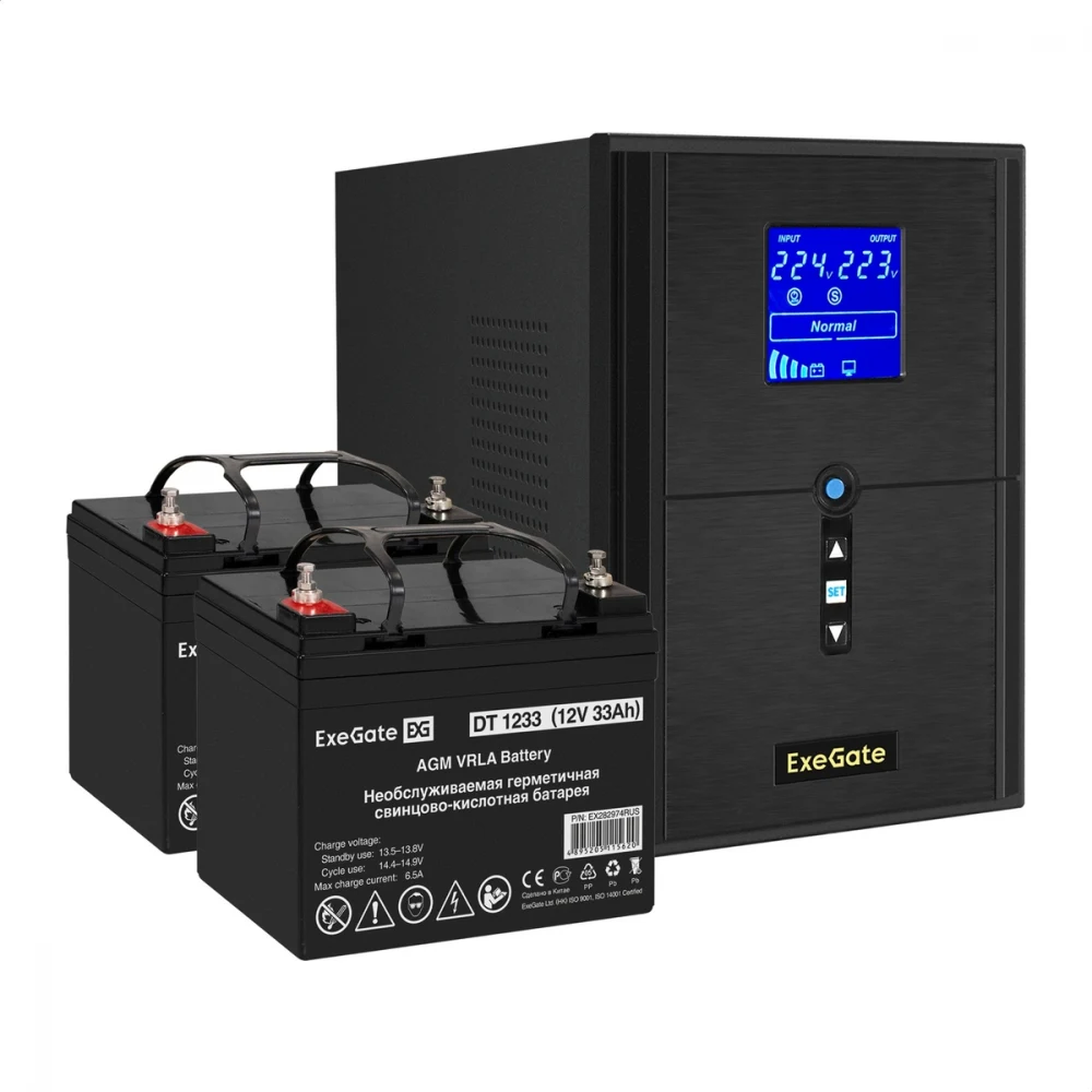 Комплект ИБП EX295989RUS + батарея 33Aч EX282974RUS 2шт (инвертор, синус, для котла) ExeGate SineTower SZ-2000.LCD.AVR.3SH.1C13.USB <2000VA/1600W, чистый синусоида, LCD дисплей, AVR, 3*Schuko+1*C13,
