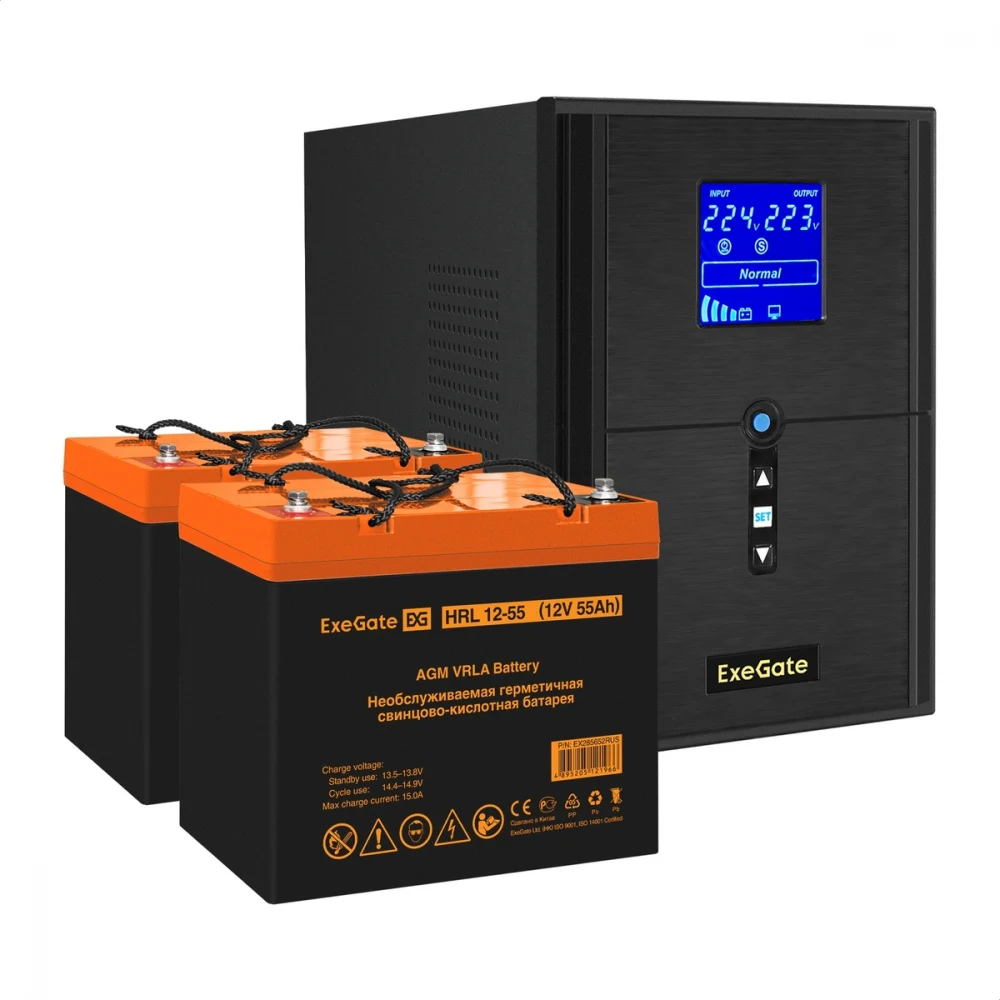 Комплект ИБП EX295989RUS + батарея 55Aч EX285652RUS 2шт (инвертор, синус, для котла) ExeGate SineTower SZ-2000.LCD.AVR.3SH.1C13.USB <2000VA/1600W, чистый синусоида, LCD дисплей, AVR, 3*Schuko+1*C13,