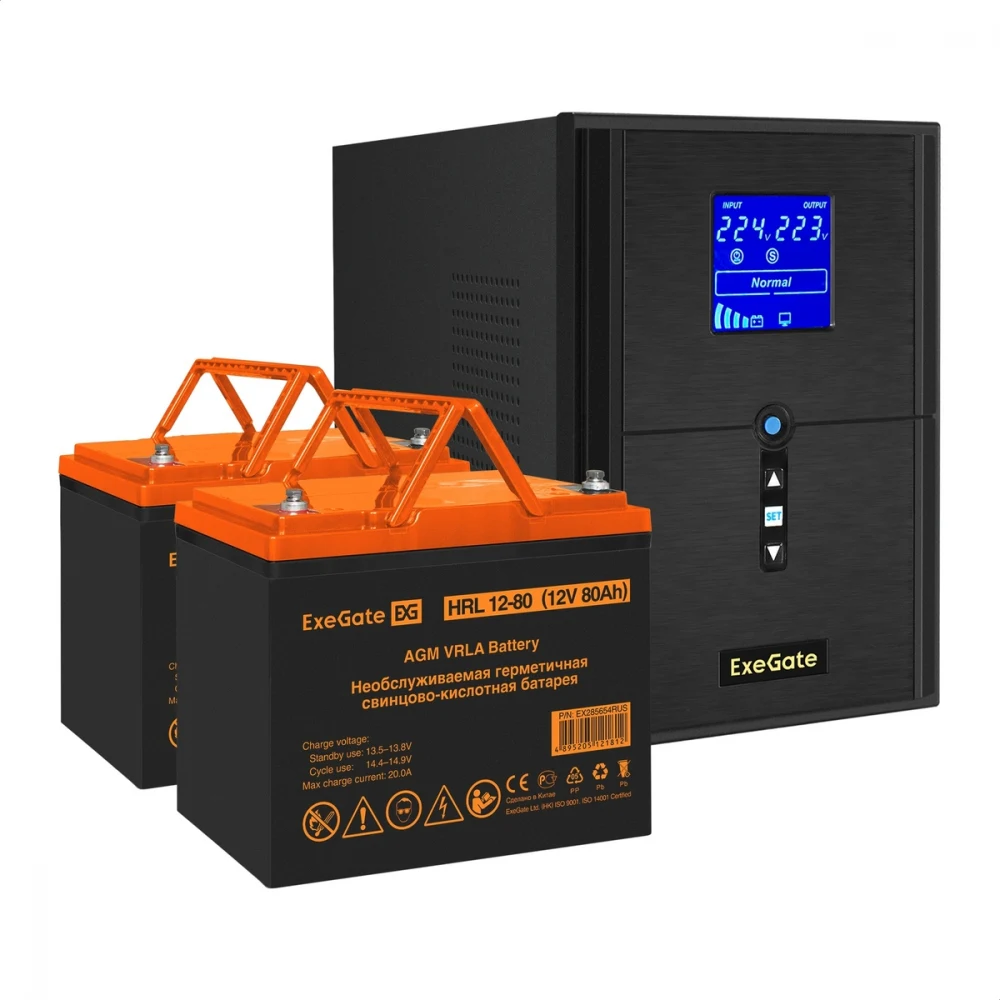 Комплект ИБП EX295989RUS + батарея 80Aч EX285654RUS 2шт (инвертор, синус, для котла) ExeGate SineTower SZ-2000.LCD.AVR.3SH.1C13.USB <2000VA/1600W, чистый синусоида, LCD дисплей, AVR, 3*Schuko+1*C13,