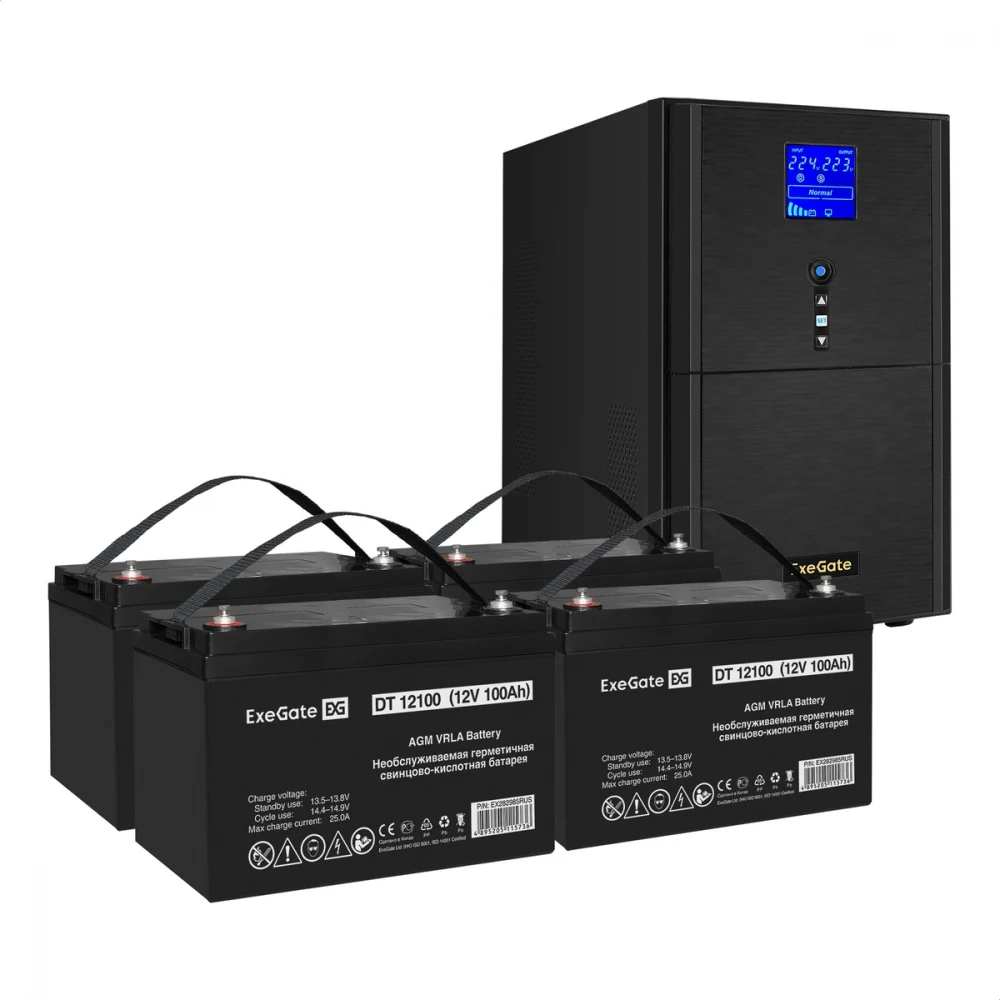 Комплект ИБП EX295990RUS + батарея 100Aч EX282985RUS 4шт (инвертор, синус, для котла) ExeGate SineTower SZ-3000.LCD.AVR.3SH.1C13.RJ.USB <3000VA/2400W, чистый синусоида, LCD дисплей, AVR, 3*Schuko+1*