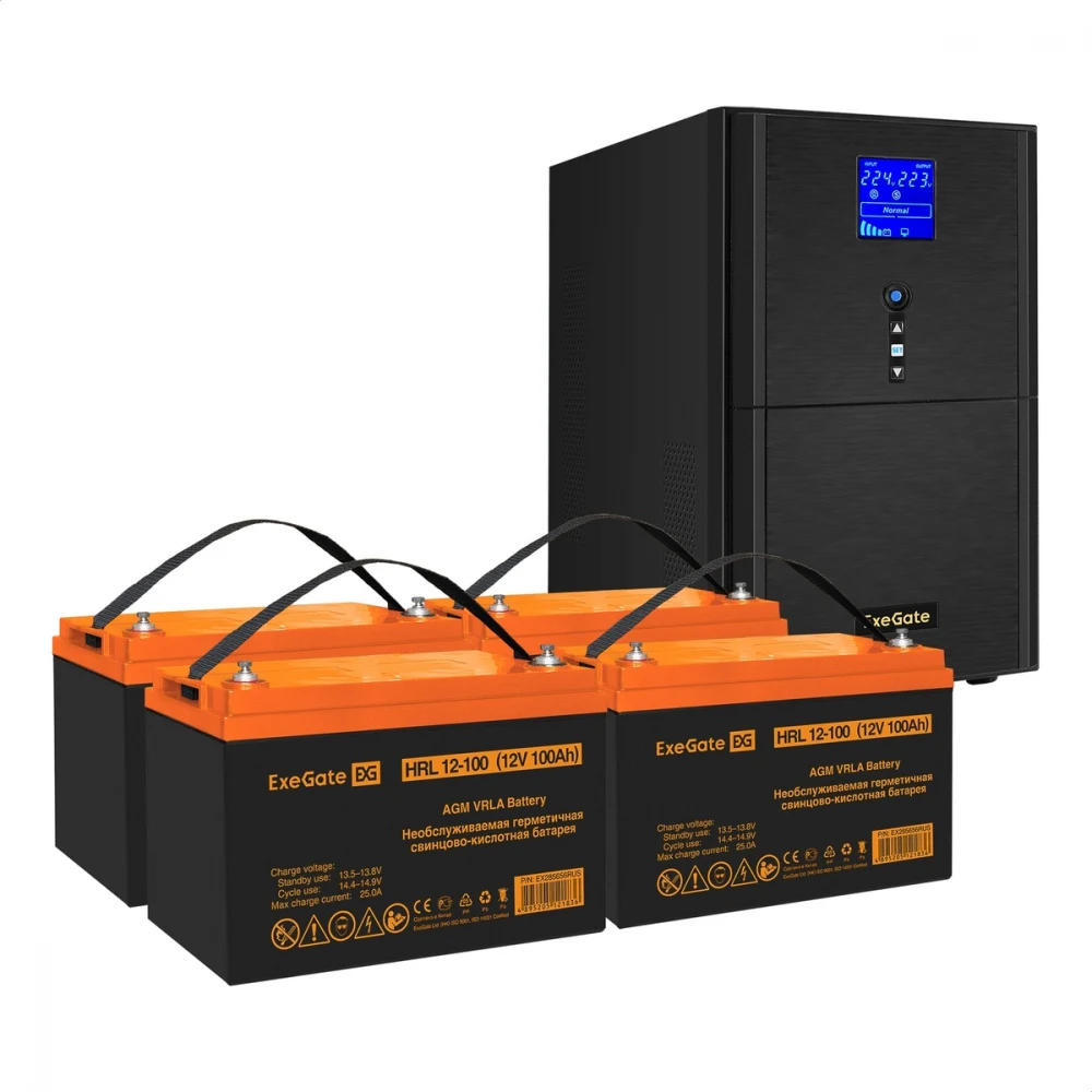 Комплект ИБП EX295990RUS + батарея 100Aч EX285656RUS 4шт (инвертор, синус, для котла) ExeGate SineTower SZ-3000.LCD.AVR.3SH.1C13.RJ.USB <3000VA/2400W, чистый синусоида, LCD дисплей, AVR, 3*Schuko+1*