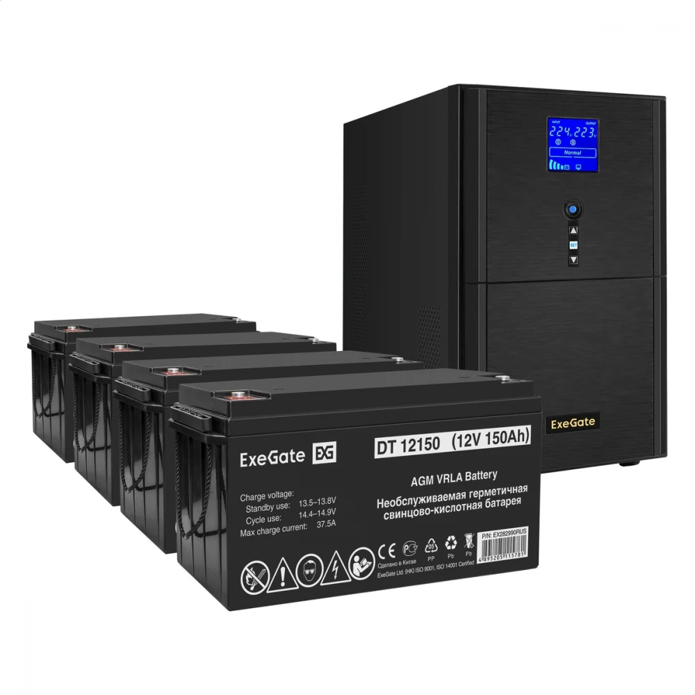 Комплект ИБП EX295990RUS + батарея 150Aч EX282990RUS 4шт (инвертор, синус, для котла) ExeGate SineTower SZ-3000.LCD.AVR.3SH.1C13.RJ.USB <3000VA/2400W, чистый синусоида, LCD дисплей, AVR, 3*Schuko+1*