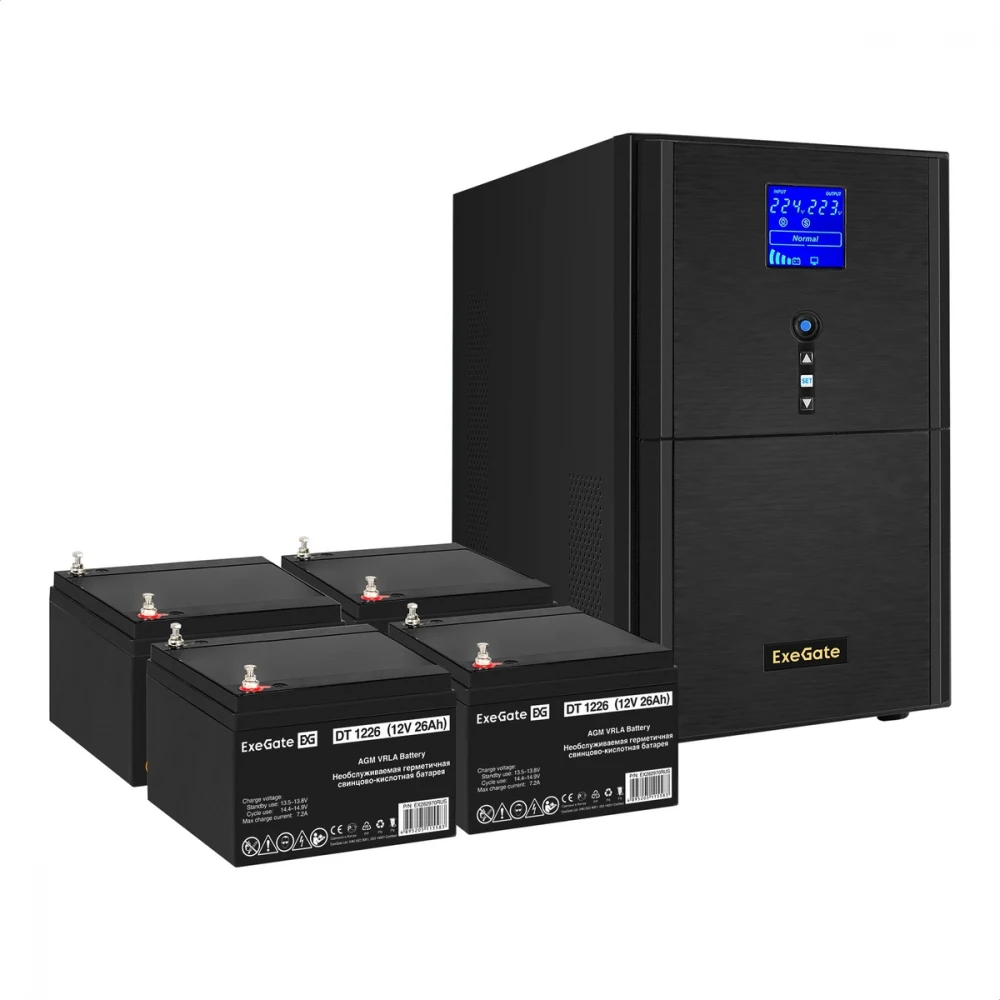 Комплект ИБП EX295990RUS + батарея 26Aч EX282970RUS 4шт (инвертор, синус, для котла) ExeGate SineTower SZ-3000.LCD.AVR.3SH.1C13.RJ.USB <3000VA/2400W, чистый синусоида, LCD дисплей, AVR, 3*Schuko+1*C