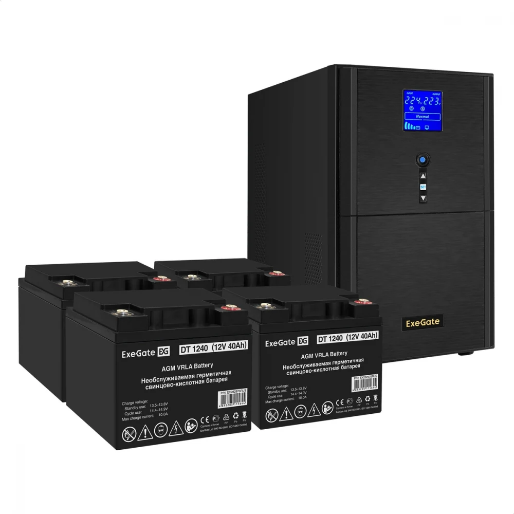 Комплект ИБП EX295990RUS + батарея 40Aч EX282976RUS 4шт (инвертор, синус, для котла) ExeGate SineTower SZ-3000.LCD.AVR.3SH.1C13.RJ.USB <3000VA/2400W, чистый синусоида, LCD дисплей, AVR, 3*Schuko+1*C