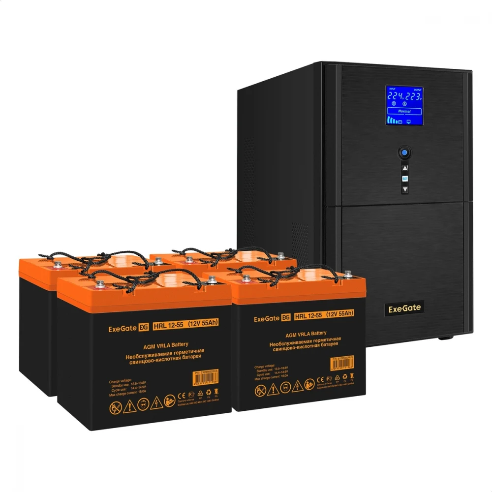 Комплект ИБП EX295990RUS + батарея 55Aч EX285652RUS 4шт (инвертор, синус, для котла) ExeGate SineTower SZ-3000.LCD.AVR.3SH.1C13.RJ.USB <3000VA/2400W, чистый синусоида, LCD дисплей, AVR, 3*Schuko+1*C