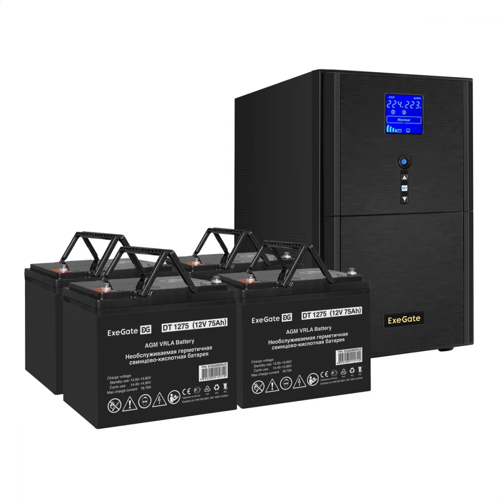 Комплект ИБП EX295990RUS + батарея 75Aч EX282983RUS 4шт (инвертор, синус, для котла) ExeGate SineTower SZ-3000.LCD.AVR.3SH.1C13.RJ.USB <3000VA/2400W, чистый синусоида, LCD дисплей, AVR, 3*Schuko+1*C