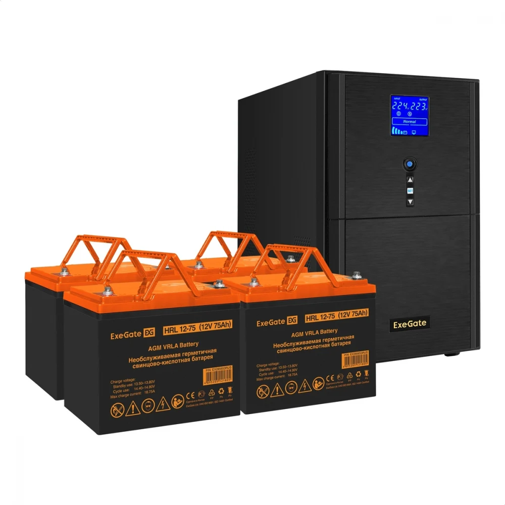 Комплект ИБП EX295990RUS + батарея 75Aч EX285653RUS 4шт (инвертор, синус, для котла) ExeGate SineTower SZ-3000.LCD.AVR.3SH.1C13.RJ.USB <3000VA/2400W, чистый синусоида, LCD дисплей, AVR, 3*Schuko+1*C