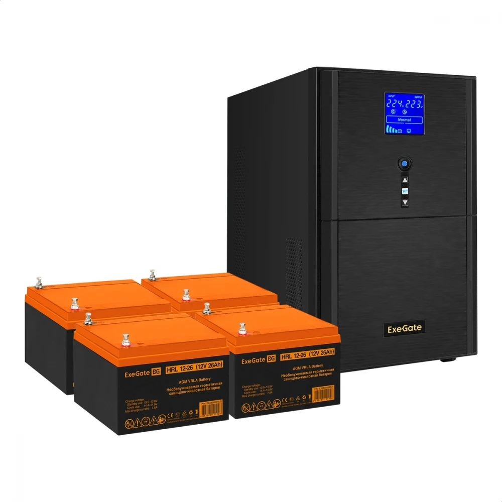 Комплект ИБП EX295991RUS + батарея 26Aч EX285663RUS 4шт (инвертор, синус, для котла) ExeGate SineTower SZ-5000.LCD.AVR.2SH.1C13.T.RJ.USB <5000VA/4000W, чистый синусоида, LCD дисплей, AVR, 2*Schuko+1