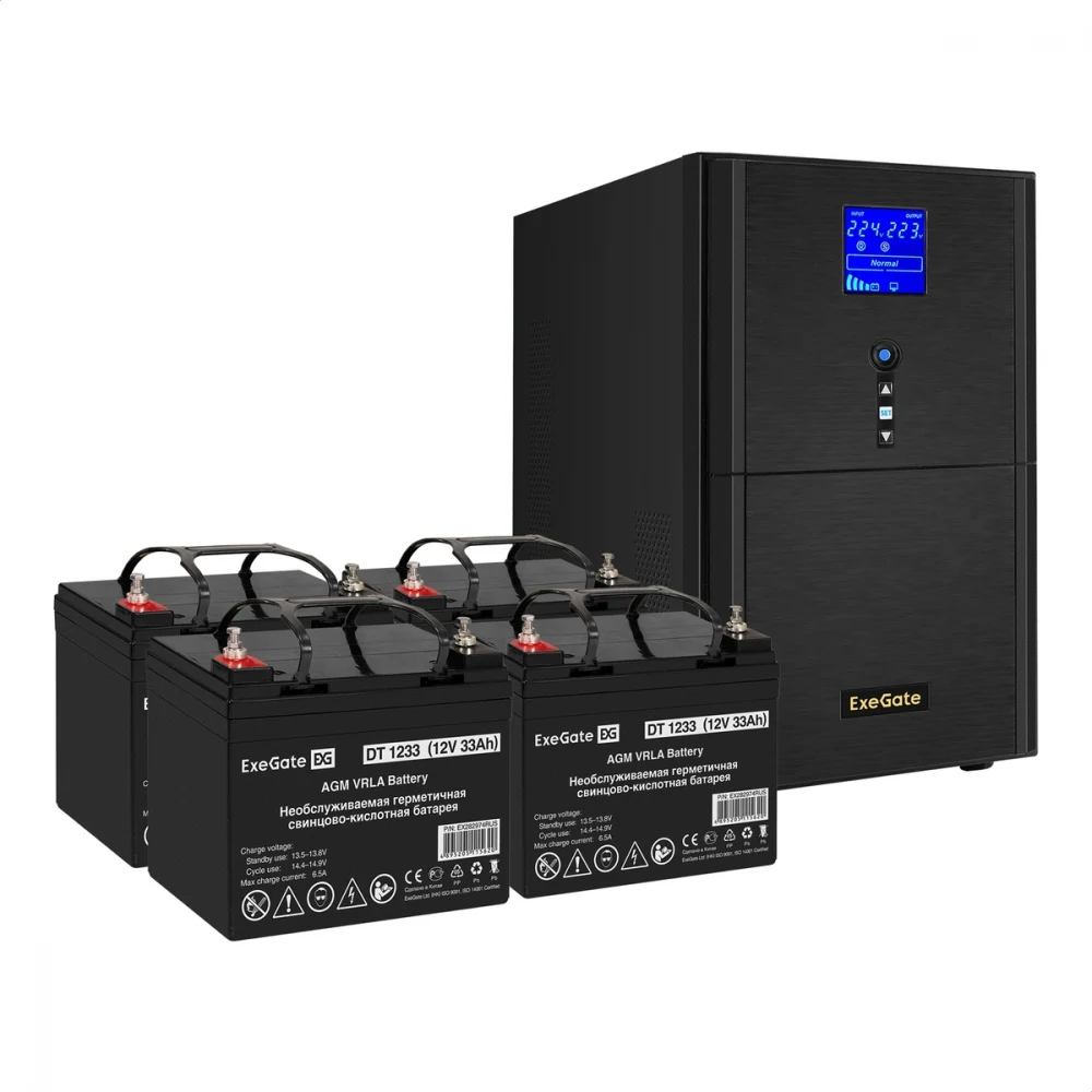 Комплект ИБП EX295991RUS + батарея 33Aч EX282974RUS 4шт (инвертор, синус, для котла) ExeGate SineTower SZ-5000.LCD.AVR.2SH.1C13.T.RJ.USB <5000VA/4000W, чистый синусоида, LCD дисплей, AVR, 2*Schuko+1
