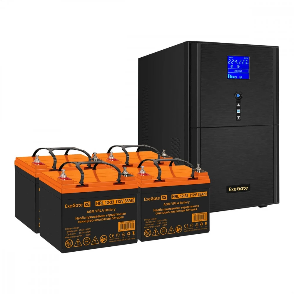Комплект ИБП EX295991RUS + батарея 33Aч EX285664RUS 4шт (инвертор, синус, для котла) ExeGate SineTower SZ-5000.LCD.AVR.2SH.1C13.T.RJ.USB <5000VA/4000W, чистый синусоида, LCD дисплей, AVR, 2*Schuko+1