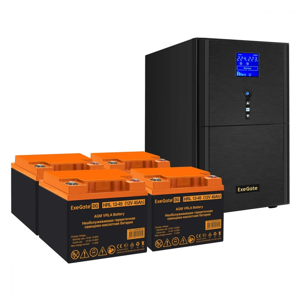 Комплект ИБП EX295991RUS + батарея 45Aч EX285666RUS 4шт (инвертор, синус, для котла) ExeGate SineTower SZ-5000.LCD.AVR.2SH.1C13.T.RJ.USB <5000VA/4000W, чистый синусоида, LCD дисплей, AVR, 2*Schuko+1