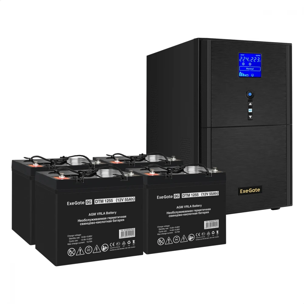Комплект ИБП EX295991RUS + батарея 55Aч EX285667RUS 4шт (инвертор, синус, для котла) ExeGate SineTower SZ-5000.LCD.AVR.2SH.1C13.T.RJ.USB <5000VA/4000W, чистый синусоида, LCD дисплей, AVR, 2*Schuko+1