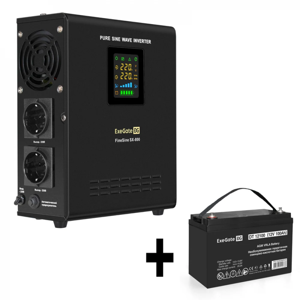 Комплект ИБП EX295996RUS + батарея 100Aч EX282985RUS 1шт (инвертор, синус, для котла, настенный) ExeGate FineSine SX-800.LCD.AVR.2SH <800VA/500W, чистая синусоида, цветной LCD-дисплей, AVR, 2*Schuko