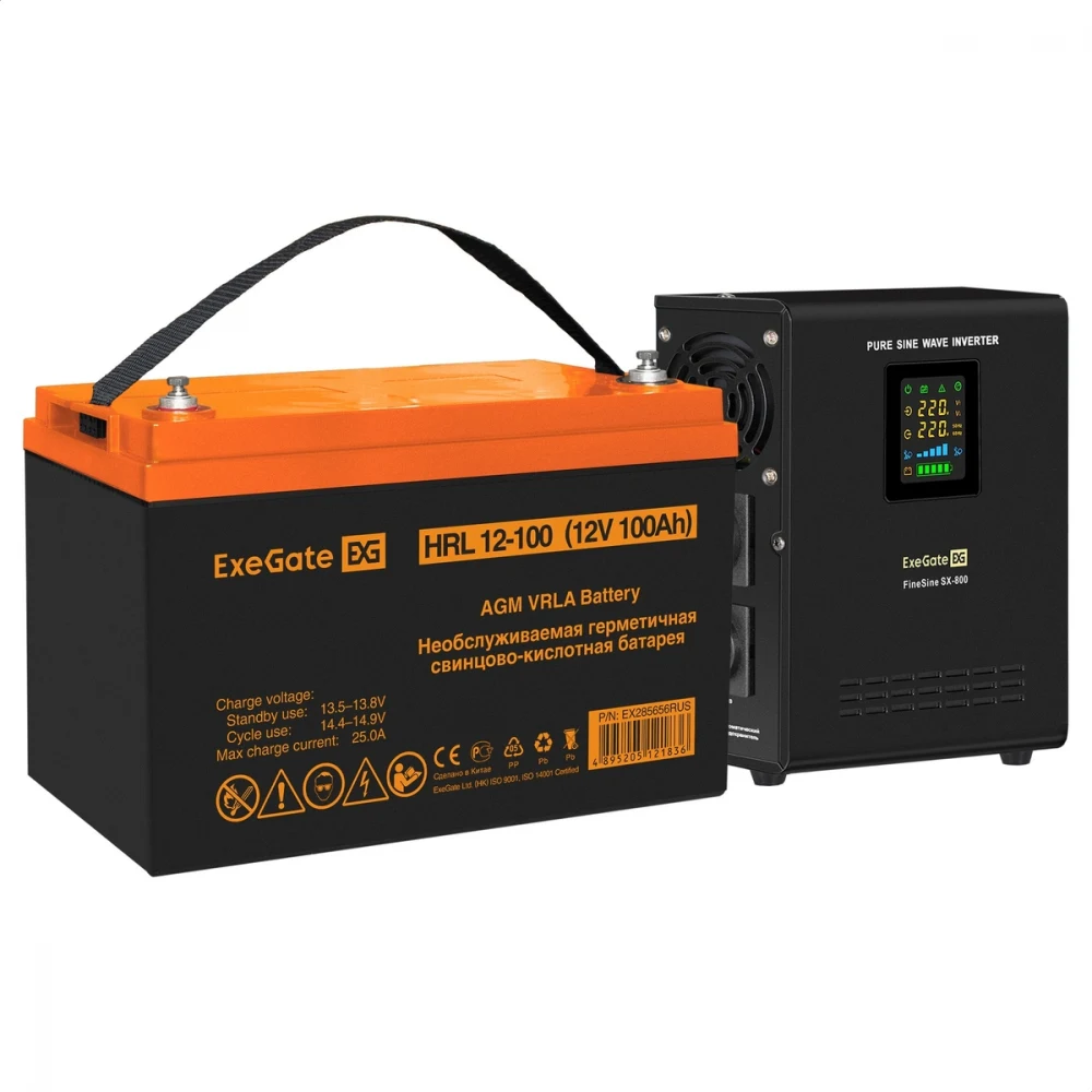 Комплект ИБП EX295996RUS + батарея 100Aч EX285656RUS 1шт (инвертор, синус, для котла, настенный) ExeGate FineSine SX-800.LCD.AVR.2SH <800VA/500W, чистая синусоида, цветной LCD-дисплей, AVR, 2*Schuko
