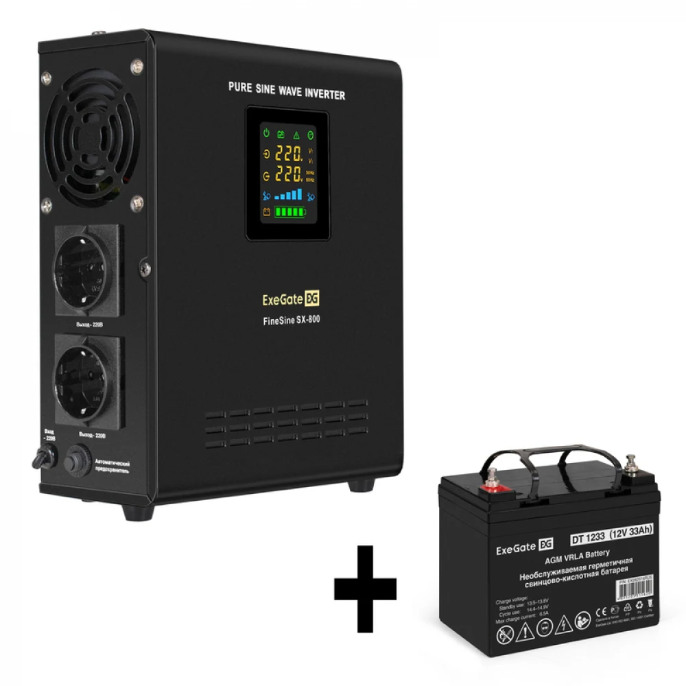Комплект ИБП EX295996RUS + батарея 33Aч EX282974RUS 1шт (инвертор, синус, для котла, настенный) ExeGate FineSine SX-800.LCD.AVR.2SH <800VA/500W, чистая синусоида, цветной LCD-дисплей, AVR, 2*Schuko,
