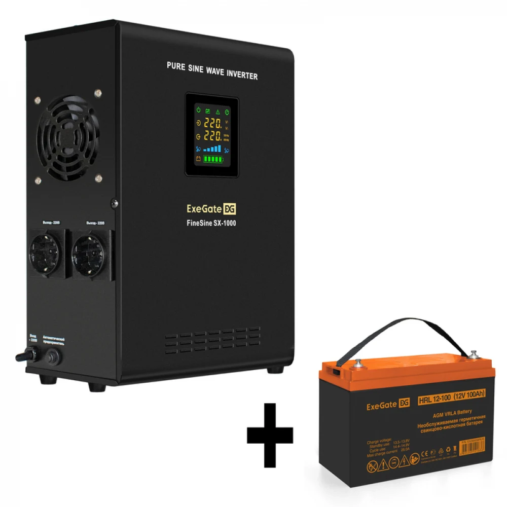 Комплект ИБП EX295997RUS + батарея 100Aч EX285656RUS 1шт (инвертор, синус, для котла, настенный) ExeGate FineSine SX-1000.LCD.AVR.2SH <1000VA/600W, чистая синусоида, цветной LCD-дисплей, AVR, 2*Schu