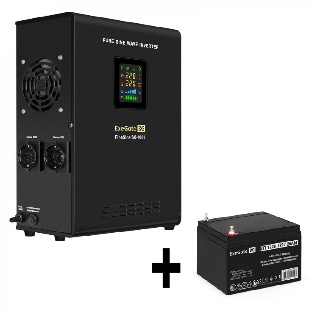 Комплект ИБП EX295997RUS + батарея 26Aч EX282970RUS 1шт (инвертор, синус, для котла, настенный) ExeGate FineSine SX-1000.LCD.AVR.2SH <1000VA/600W, чистая синусоида, цветной LCD-дисплей, AVR, 2*Schuk