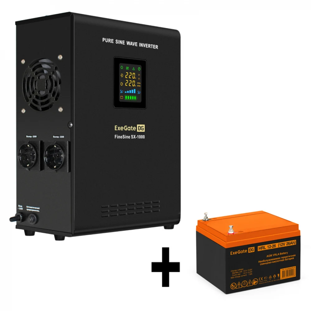 Комплект ИБП EX295997RUS + батарея 26Aч EX285663RUS 1шт (инвертор, синус, для котла, настенный) ExeGate FineSine SX-1000.LCD.AVR.2SH <1000VA/600W, чистая синусоида, цветной LCD-дисплей, AVR, 2*Schuk