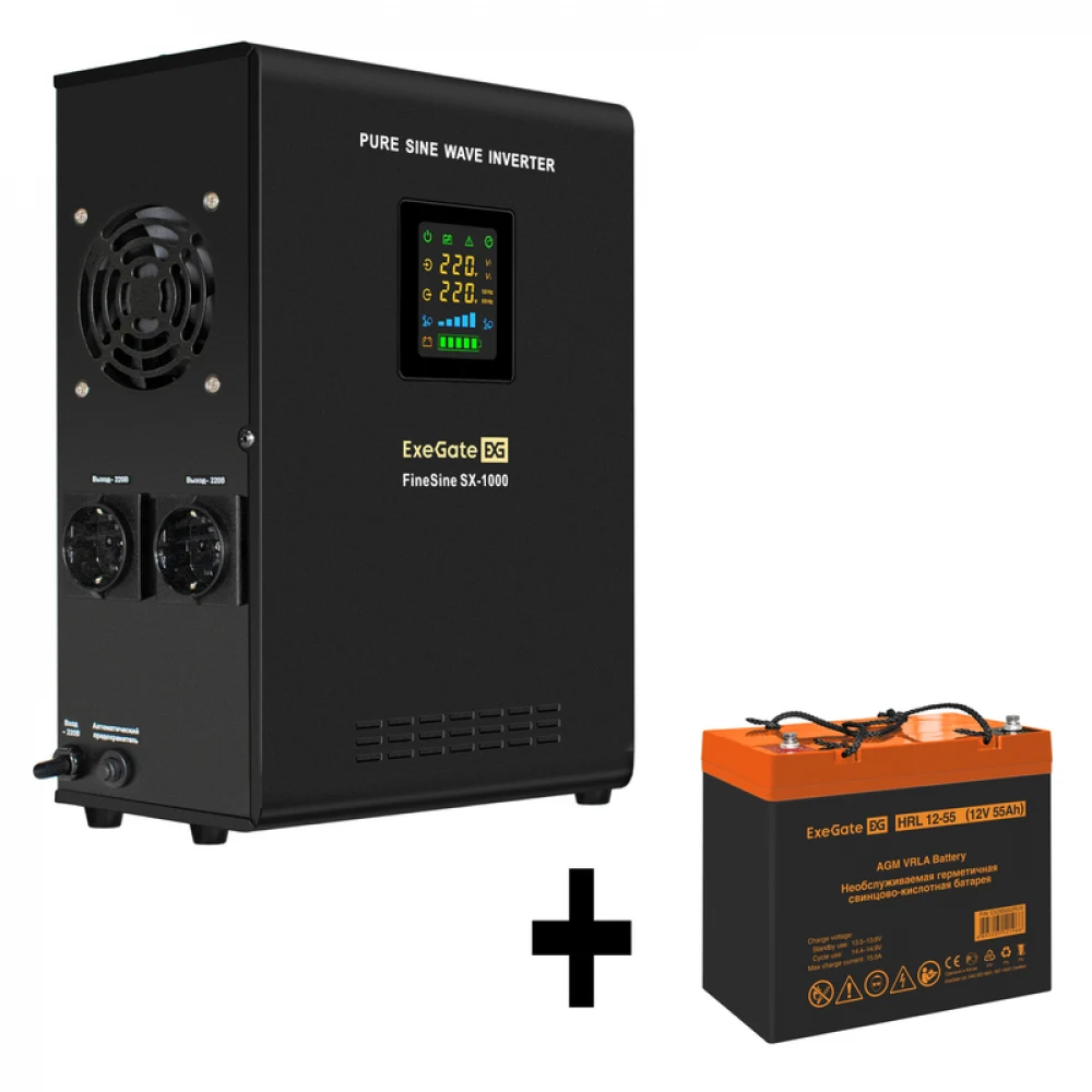 Комплект ИБП EX295997RUS + батарея 55Aч EX285652RUS 1шт (инвертор, синус, для котла, настенный) ExeGate FineSine SX-1000.LCD.AVR.2SH <1000VA/600W, чистая синусоида, цветной LCD-дисплей, AVR, 2*Schuk