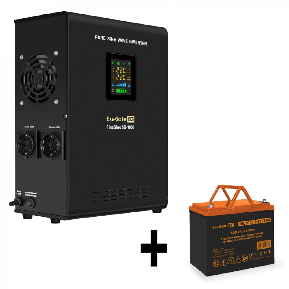 Комплект ИБП EX295997RUS + батарея 75Aч EX285653RUS 1шт (инвертор, синус, для котла, настенный) ExeGate FineSine SX-1000.LCD.AVR.2SH <1000VA/600W, чистая синусоида, цветной LCD-дисплей, AVR, 2*Schuk