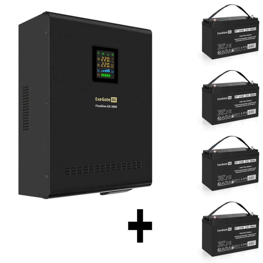 Комплект ИБП EX296003RUS + батарея 100Aч EX282985RUS 4шт (инвертор, синус, для котла, настенный) ExeGate FineSine SX-3000.LCD.AVR.2SH.T <3000VA/2100W, чистая синусоида, цветной LCD-дисплей, AVR, 2*S