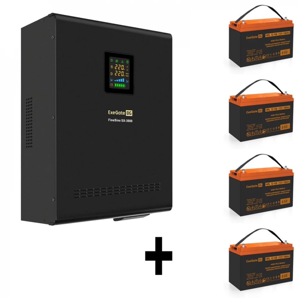 Комплект ИБП EX296003RUS + батарея 100Aч EX285656RUS 4шт (инвертор, синус, для котла, настенный) ExeGate FineSine SX-3000.LCD.AVR.2SH.T <3000VA/2100W, чистая синусоида, цветной LCD-дисплей, AVR, 2*S