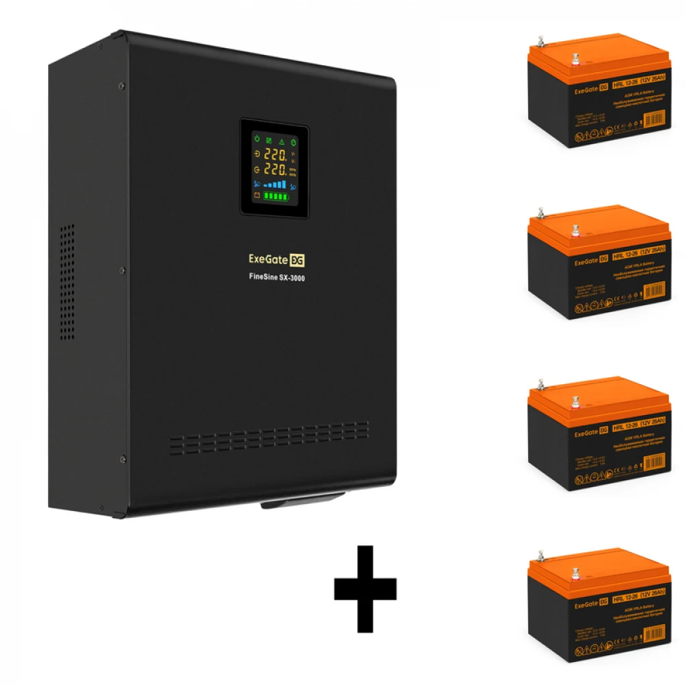 Комплект ИБП EX296003RUS + батарея 26Aч EX285663RUS 4шт (инвертор, синус, для котла, настенный) ExeGate FineSine SX-3000.LCD.AVR.2SH.T <3000VA/2100W, чистая синусоида, цветной LCD-дисплей, AVR, 2*Sc