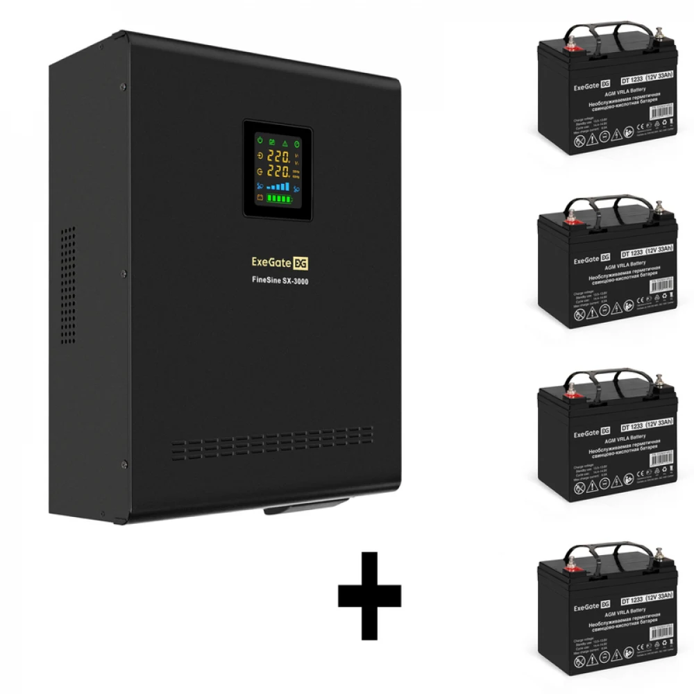 Комплект ИБП EX296003RUS + батарея 33Aч EX282974RUS 4шт (инвертор, синус, для котла, настенный) ExeGate FineSine SX-3000.LCD.AVR.2SH.T <3000VA/2100W, чистая синусоида, цветной LCD-дисплей, AVR, 2*Sc