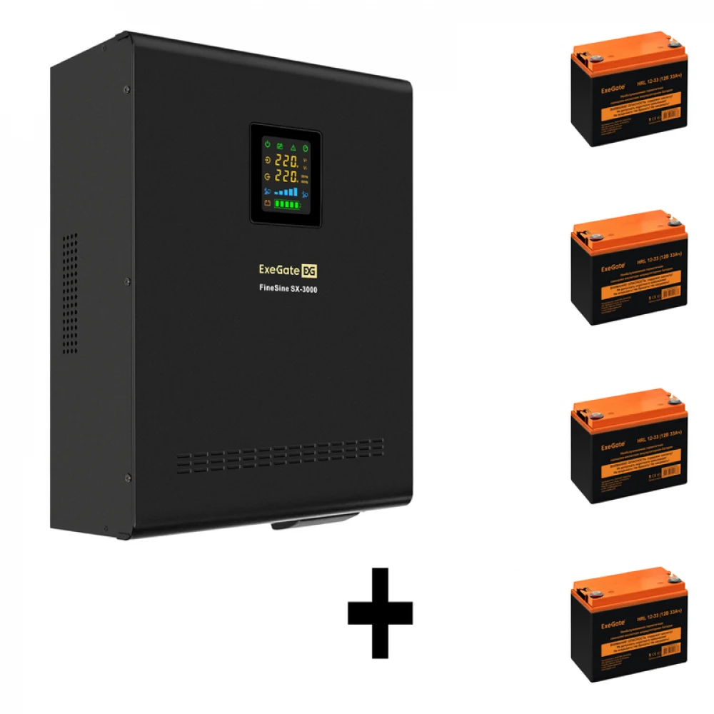 Комплект ИБП EX296003RUS + батарея 33Aч EX285664RUS 4шт (инвертор, синус, для котла, настенный) ExeGate FineSine SX-3000.LCD.AVR.2SH.T <3000VA/2100W, чистая синусоида, цветной LCD-дисплей, AVR, 2*Sc