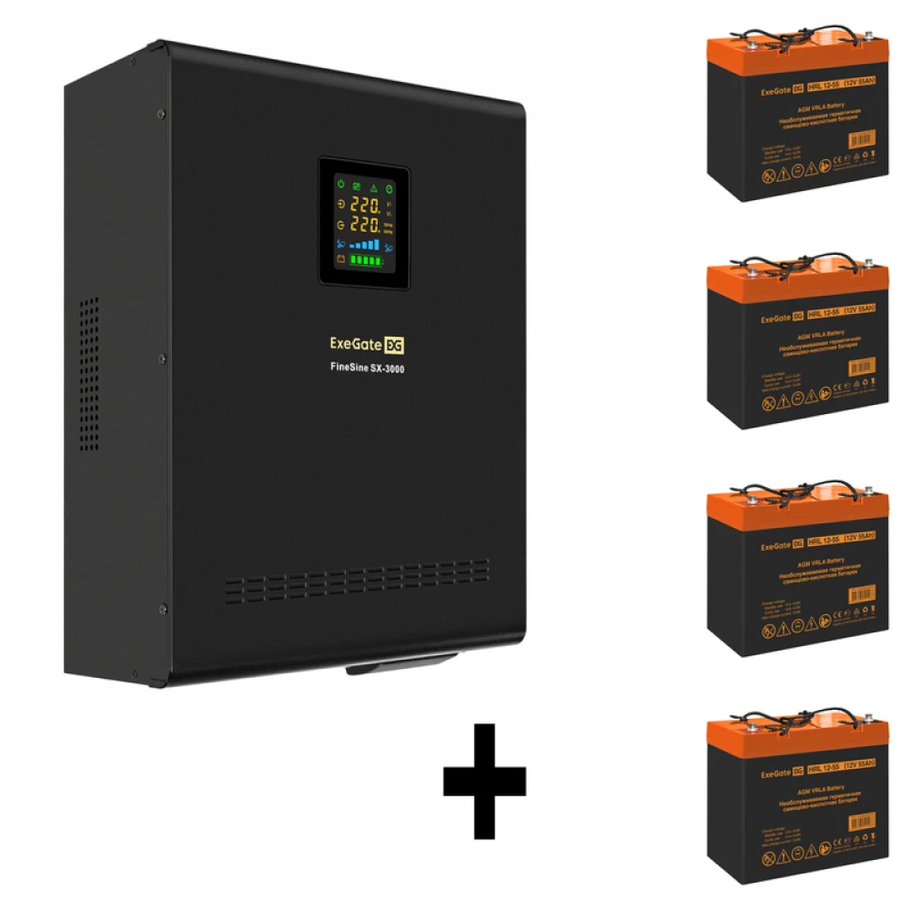 Комплект ИБП EX296003RUS + батарея 55Aч EX285652RUS 4шт (инвертор, синус, для котла, настенный) ExeGate FineSine SX-3000.LCD.AVR.2SH.T <3000VA/2100W, чистая синусоида, цветной LCD-дисплей, AVR, 2*Sc