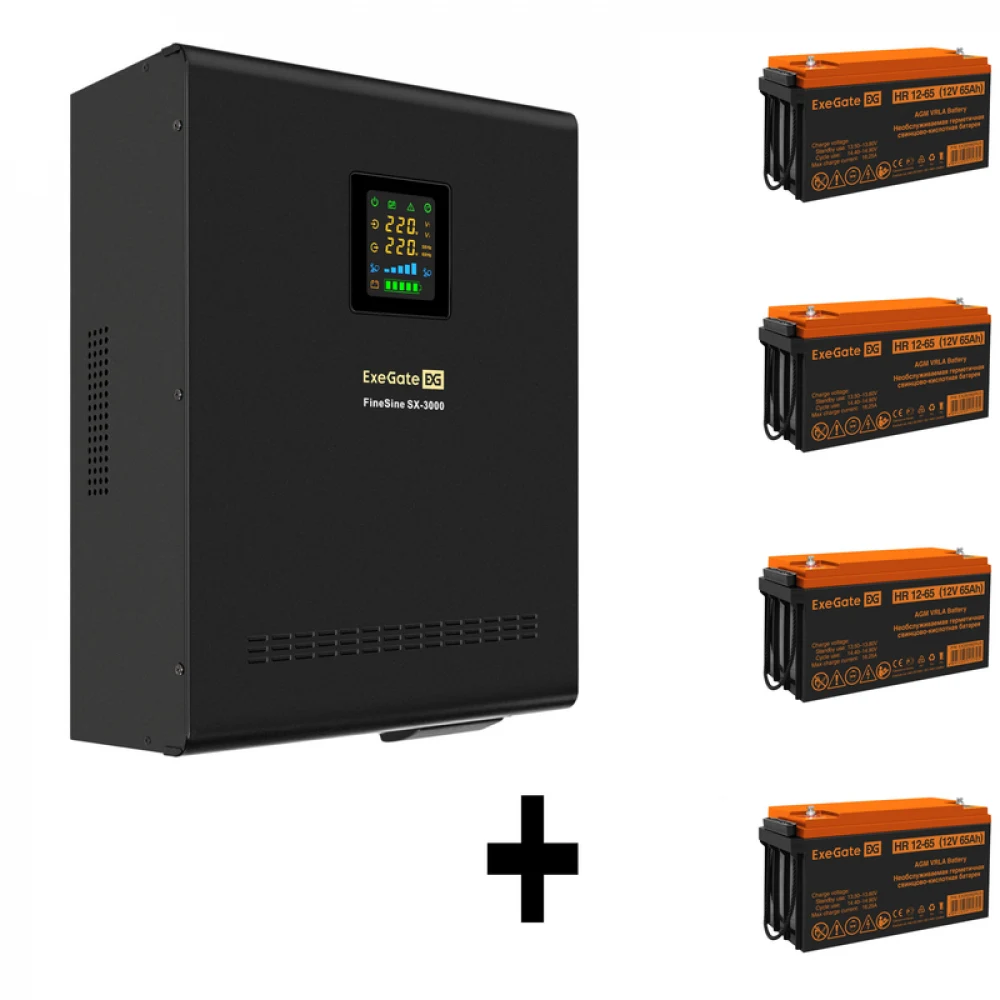 Комплект ИБП EX296003RUS + батарея 65Aч EX282982RUS 4шт (инвертор, синус, для котла, настенный) ExeGate FineSine SX-3000.LCD.AVR.2SH.T <3000VA/2100W, чистая синусоида, цветной LCD-дисплей, AVR, 2*Sc