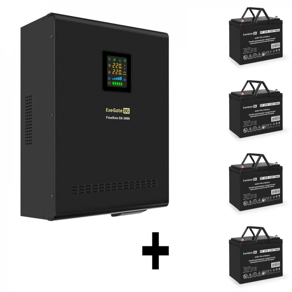 Комплект ИБП EX296003RUS + батарея 75Aч EX282983RUS 4шт (инвертор, синус, для котла, настенный) ExeGate FineSine SX-3000.LCD.AVR.2SH.T <3000VA/2100W, чистая синусоида, цветной LCD-дисплей, AVR, 2*Sc