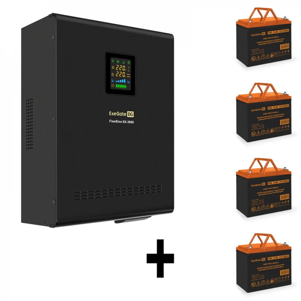 Комплект ИБП EX296003RUS + батарея 80Aч EX285654RUS 4шт (инвертор, синус, для котла, настенный) ExeGate FineSine SX-3000.LCD.AVR.2SH.T <3000VA/2100W, чистая синусоида, цветной LCD-дисплей, AVR, 2*Sc